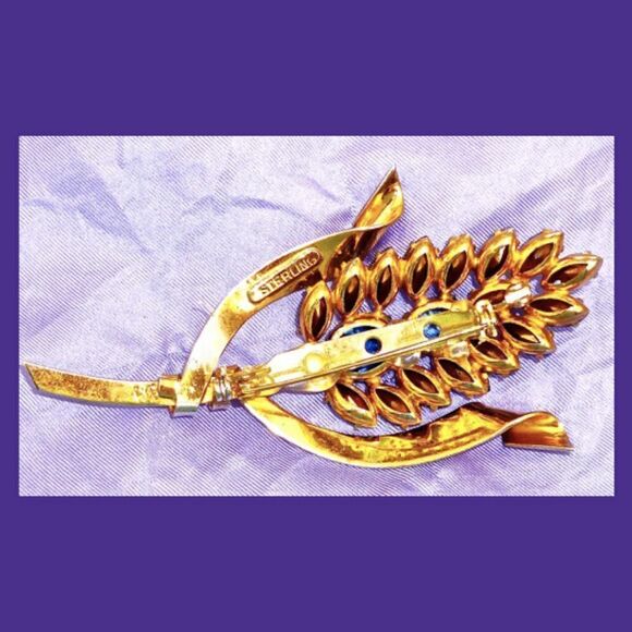STERLING/GOLD VTG 3.5" BLUE CRYSTAL PIN/ SASH PIN - Picture 2 of 8